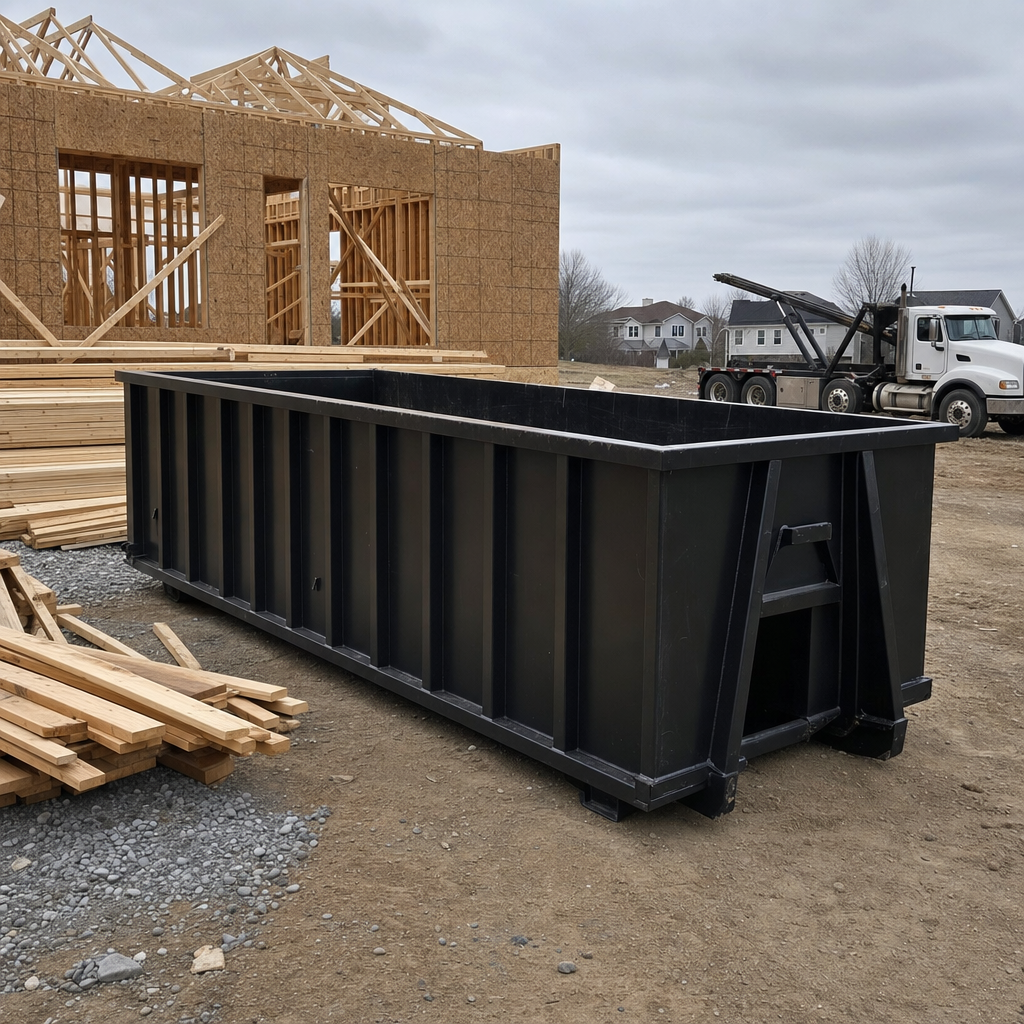 Matte-black 40-yard roll-off dumpster staged on a framed-out residential construction site in Plano, framing lumber stacked nearby, hooklift delivery truck visible in the background under bright Colorado daylight
