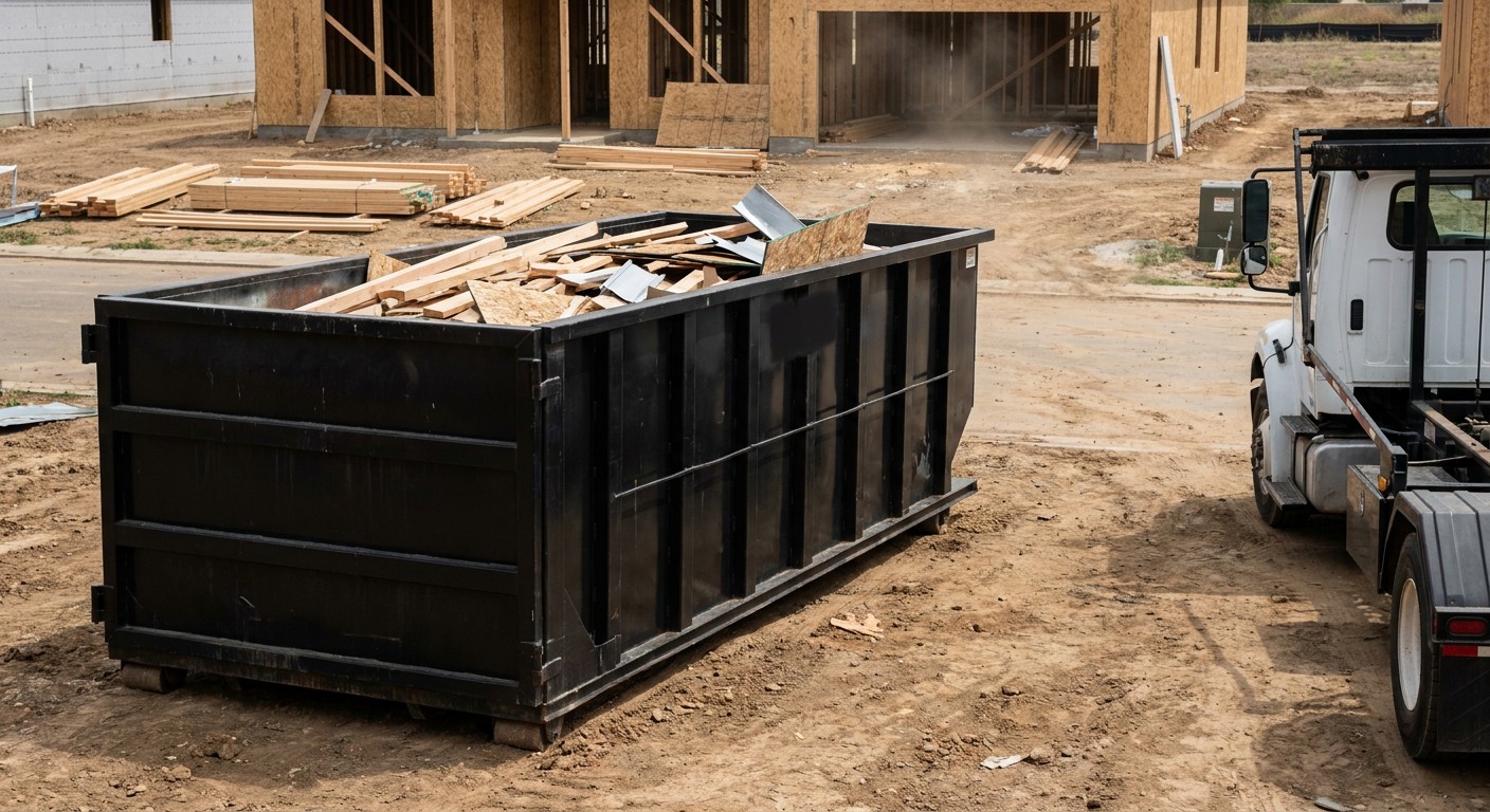 Matte-black 20-yard roll-off construction dumpster with heavy ribbed steel sidewalls and swing rear doors at a working jobsite in Plano, sitting directly on compacted dirt with an unmarked white hauler partially visible at the far edge of the frame.