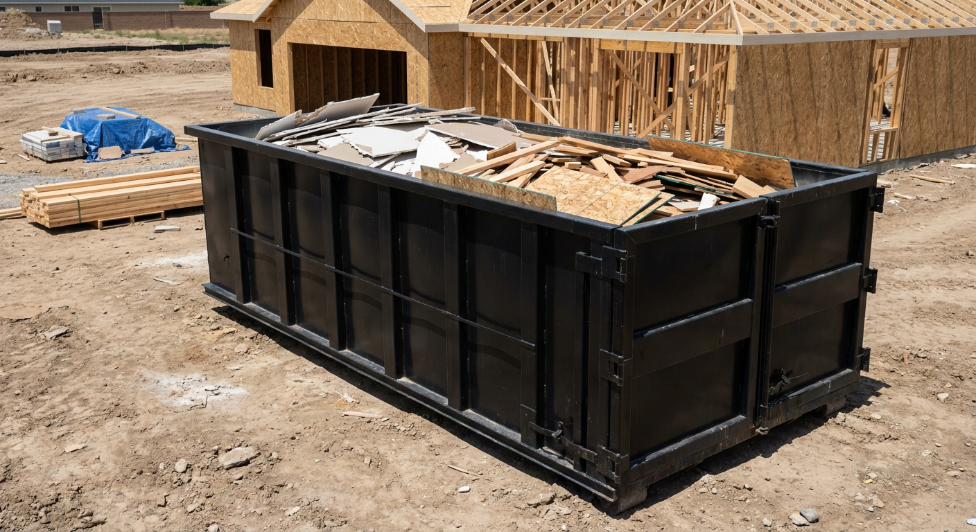 Matte-black 30-yard roll-off construction dumpster sitting directly on the compacted-dirt site of a framed single-family home build in Plano, drywall and lumber scrap loaded inside.