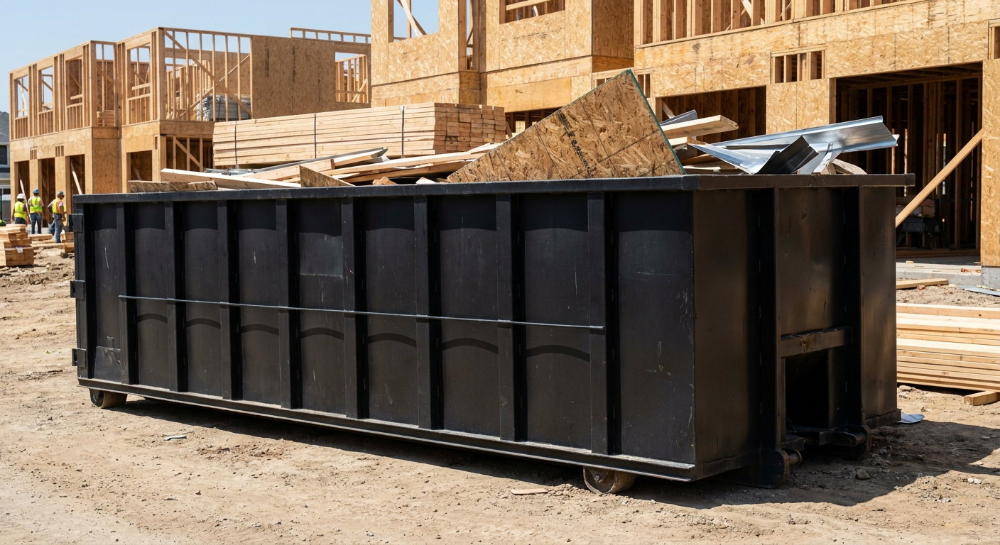 Matte-black 40-yard roll-off construction dumpster being lowered from a white-cab hooklift delivery truck onto the compacted-dirt jobsite at a commercial build site in Plano
