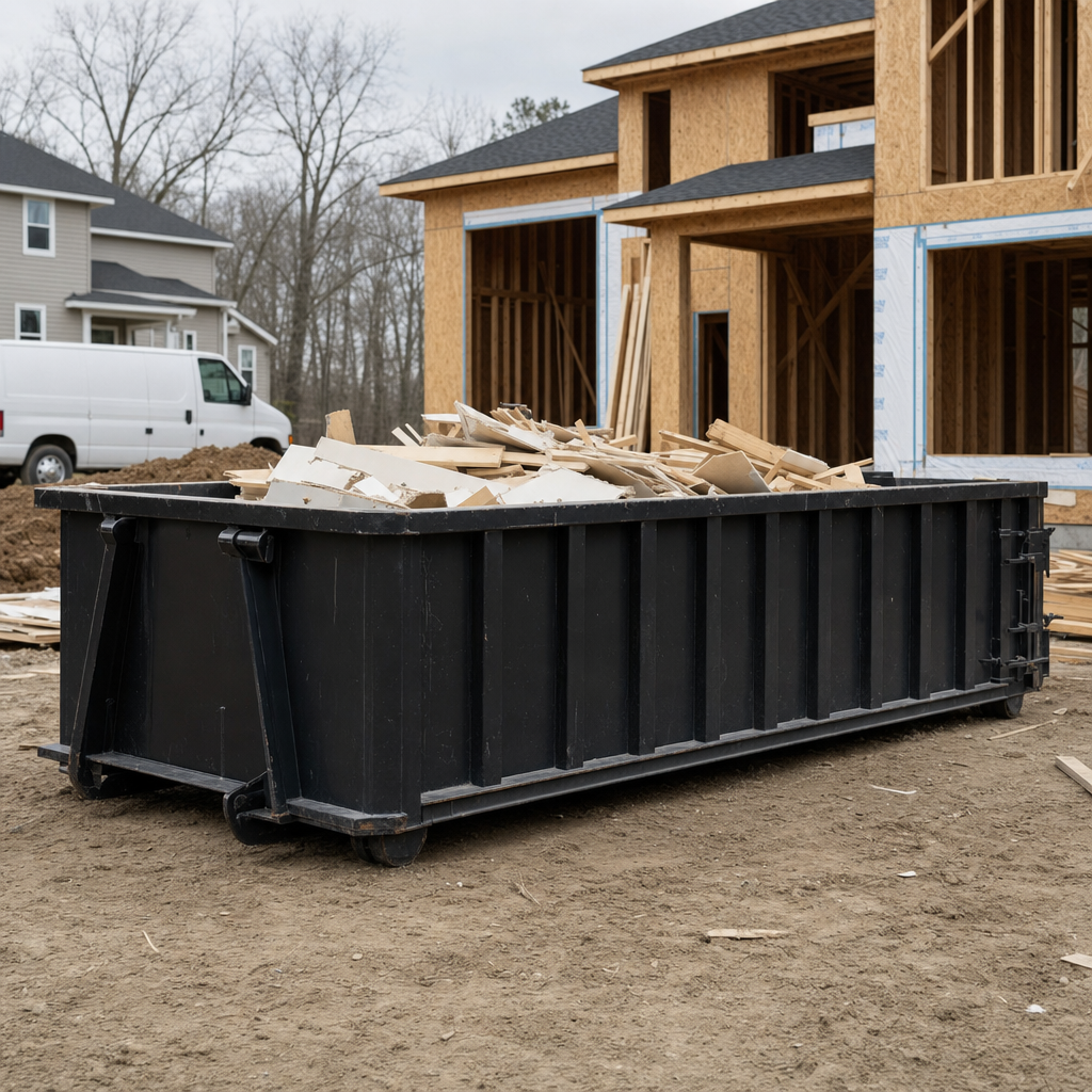 Worker in a yellow high-visibility vest tossing framing lumber and broken drywall into a matte-black 30-yard construction roll-off dumpster on an active build site in Plano, bright daylight