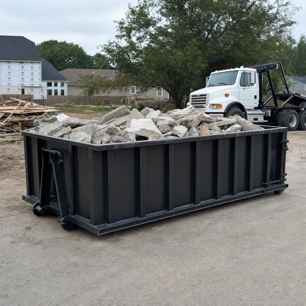 Low-profile matte-black lowboy roll-off dumpster loaded with broken concrete slab and rebar at a foundation tear-out in Plano, skid steer parked beside it, sunny Colorado morning