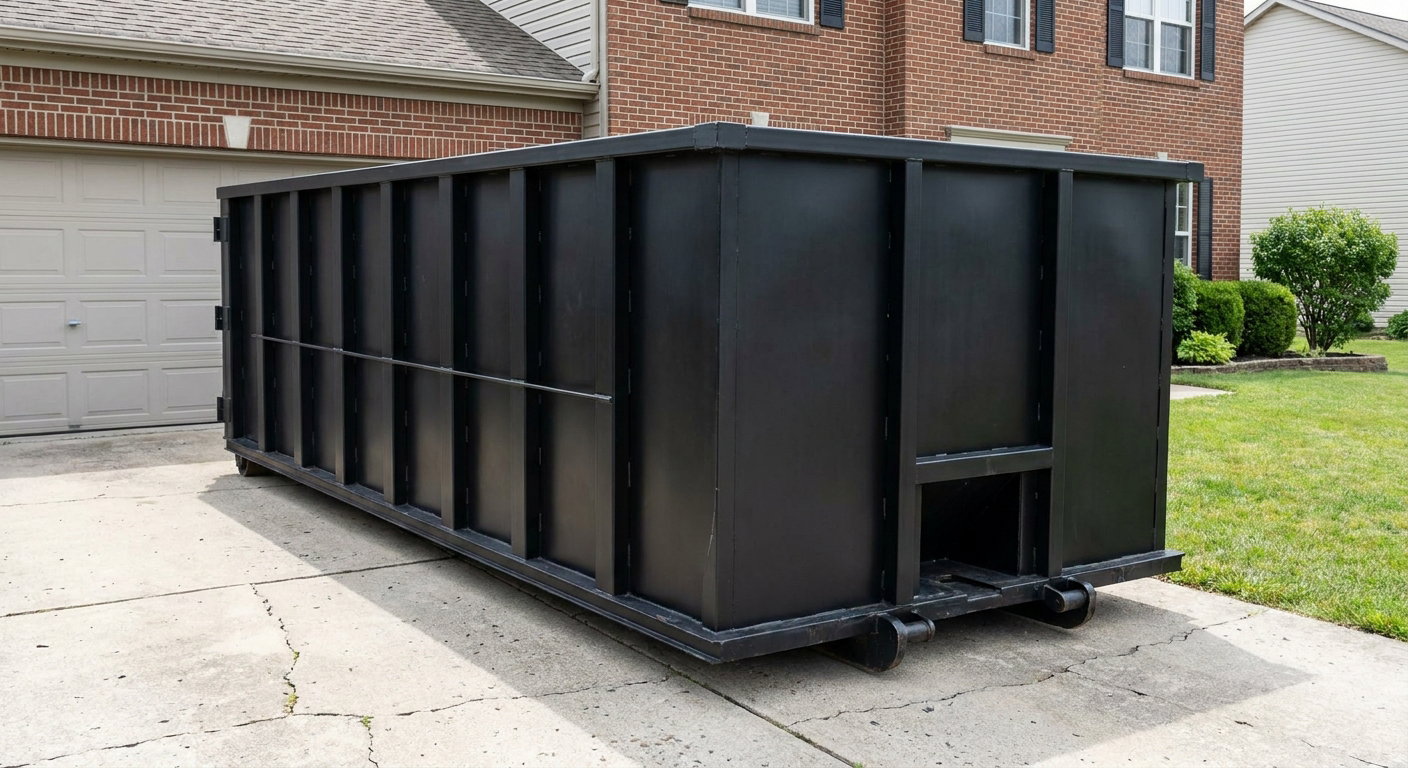 Matte-black 20-yard roll-off container on a Plano residential concrete driveway with reinforced ribbed steel sidewalls and a hinged rear walk-in door, clean bright daylight.