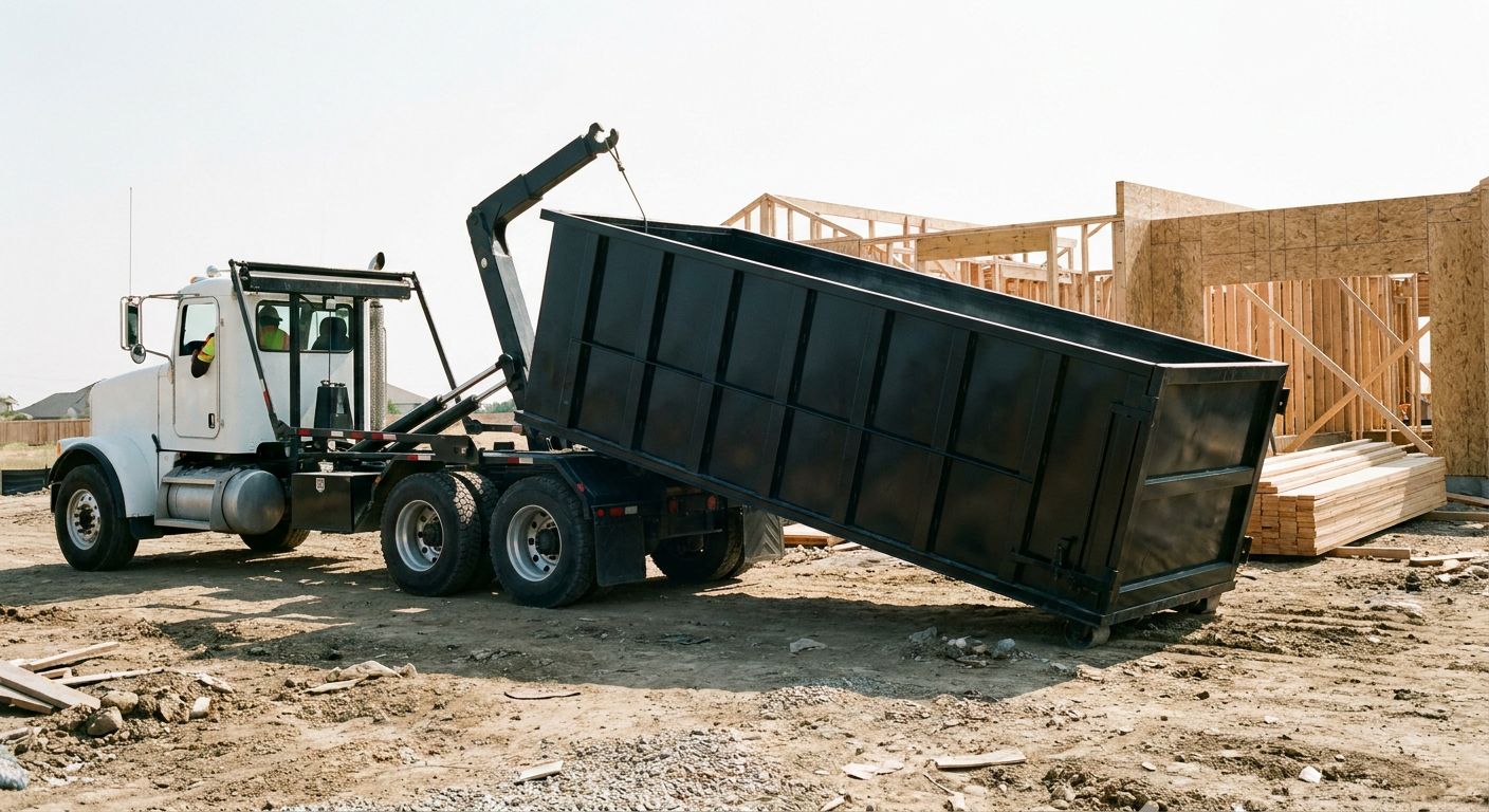 Matte-black roll-off dumpster being delivered onto a clean residential concrete driveway in Plano by an unmarked white hooklift hauler truck, bright morning daylight, documentary 35mm perspective.