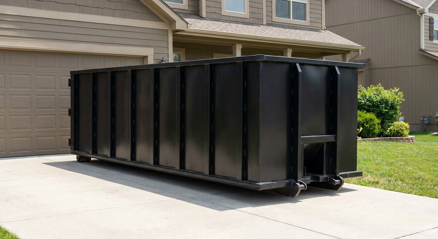 Matte-black residential roll-off dumpster sitting directly on a suburban Plano concrete driveway, garage door closed, single-family home in background, bright morning daylight.