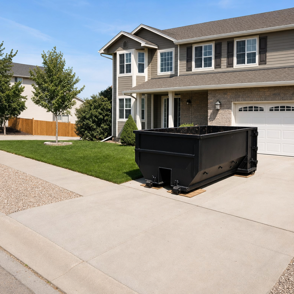 10-yard matte-black residential dumpster placed directly on a narrow Plano concrete driveway, room remains for a parked sedan beside it, mid-morning natural light