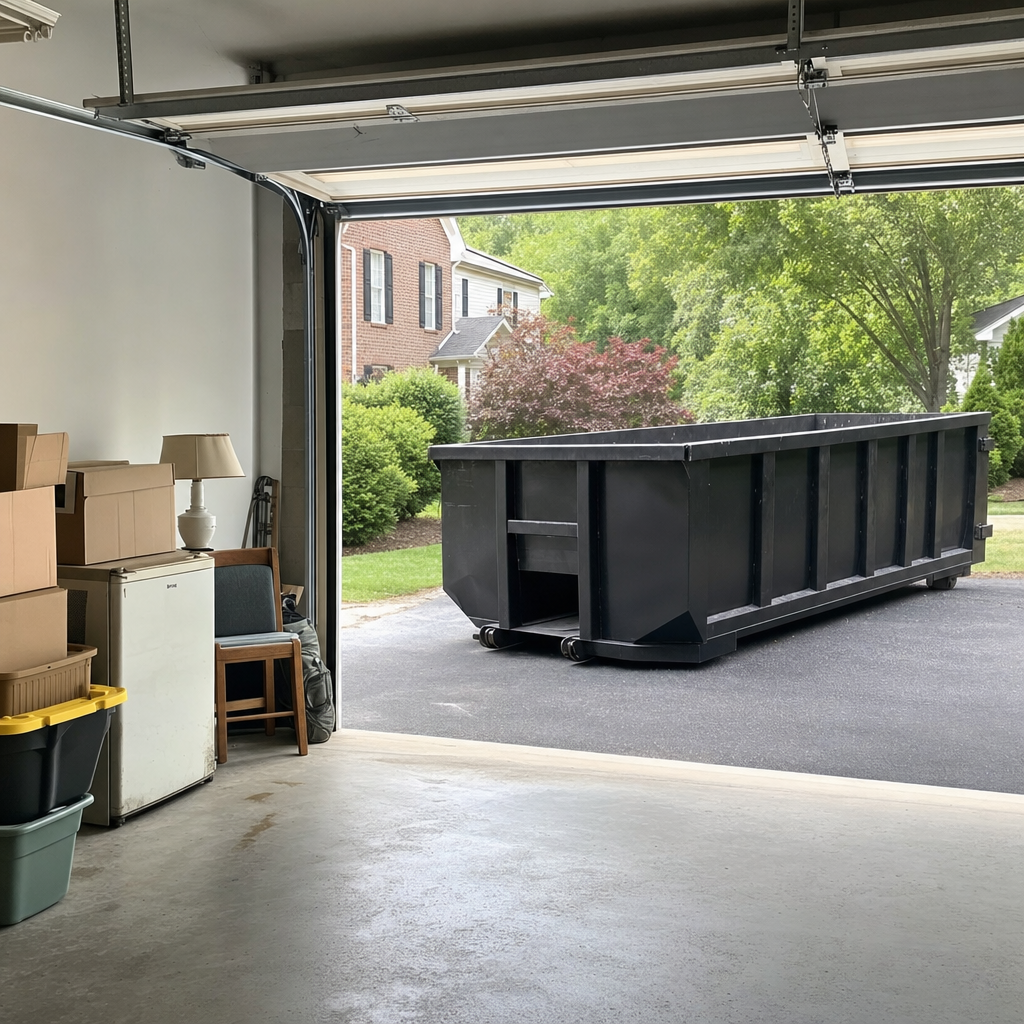 Open garage interior in a Plano home mid-cleanout — boxed items, an old appliance, and stacked yard tools queued near the driveway for a matte-black roll-off dumpster, organized and calm
