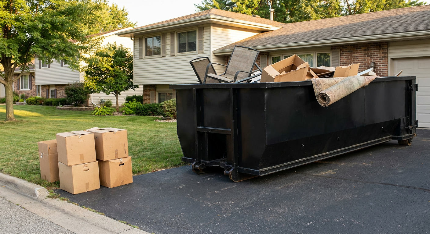 Front-yard view of a Plano split-level home with a 20-yard matte-black roll-off dumpster sitting directly on the asphalt driveway, a few clearly labeled donation boxes staged at the curb, calm sunny afternoon.