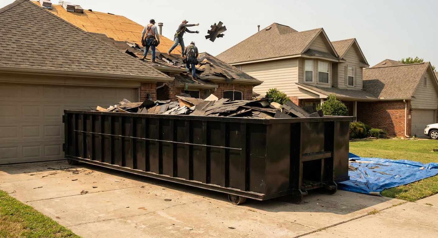 Matte-black roofing roll-off dumpster placed directly on a Plano residential concrete driveway, a tear-off crew on a two-story asphalt-shingle roof tossing shingle bundles into the low-walled container, bright daylight, documentary 35mm perspective.