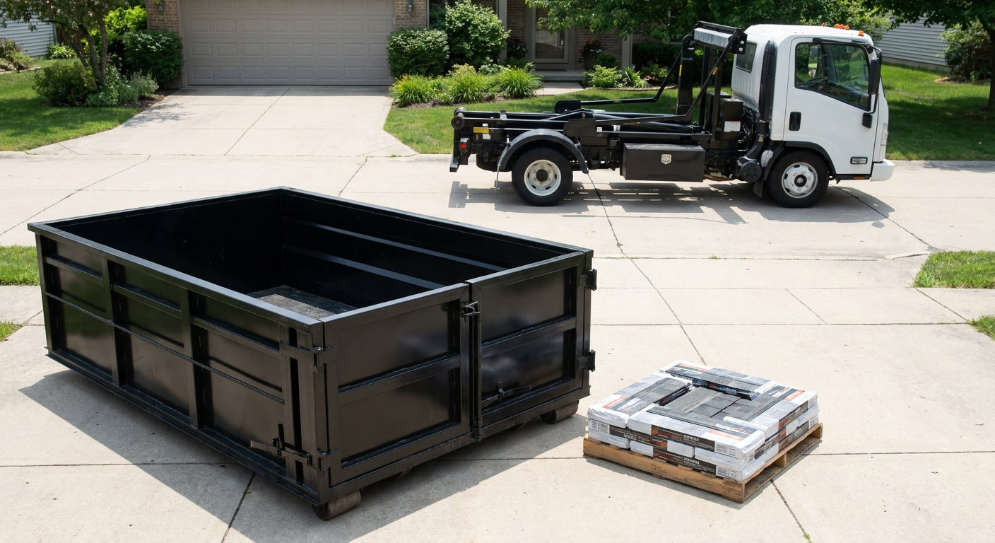 Matte-black 15-yard roofing roll-off dumpster with reinforced low side walls sitting directly on a Plano residential concrete driveway, three-tab asphalt shingle bundles stacked nearby, an unmarked white hauler truck partially visible at the edge of the frame.