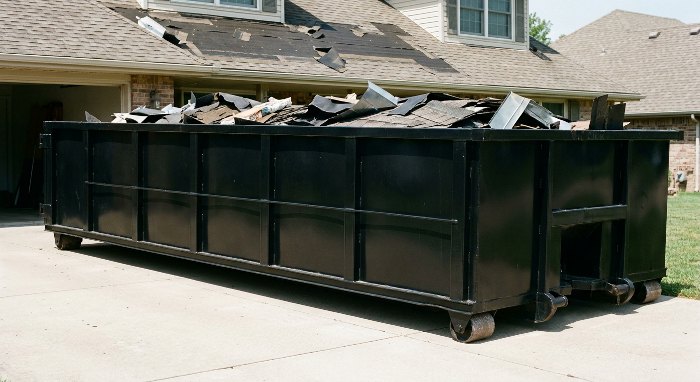 Matte-black 20-yard roofing roll-off dumpster with steel ribbed sides and swinging rear door, sitting directly on the concrete driveway of a two-story Plano home, asphalt shingle debris being loaded over the low wall, clean documentary lighting.