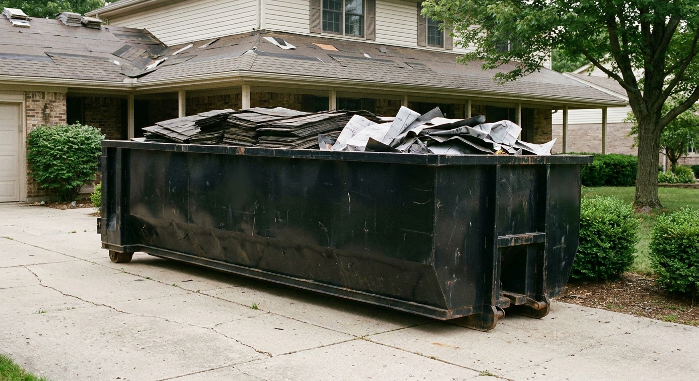 Matte-black 30-yard roofing roll-off dumpster sitting directly on a Plano concrete driveway, taller ribbed steel side panels, mixed tear-off debris of asphalt shingles and underlayment inside, professional documentary daylight.