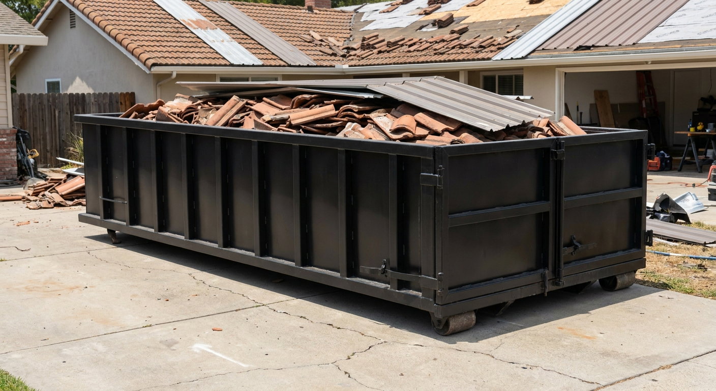 Matte-black low-wall heavy-debris roofing roll-off dumpster sitting directly on a Plano concrete driveway, broken concrete clay roof tiles and metal panel sections loaded inside, reinforced ribbed steel side walls visible, bright outdoor daylight.