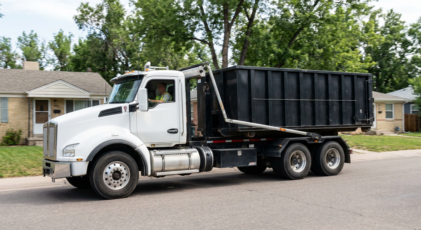 A wide documentary shot of a matte-black roll-off delivery truck pulling onto a quiet Plano residential street at mid-morning, with neighborhood rooftops and tree-lined blocks visible behind, showing the metro coverage footprint.