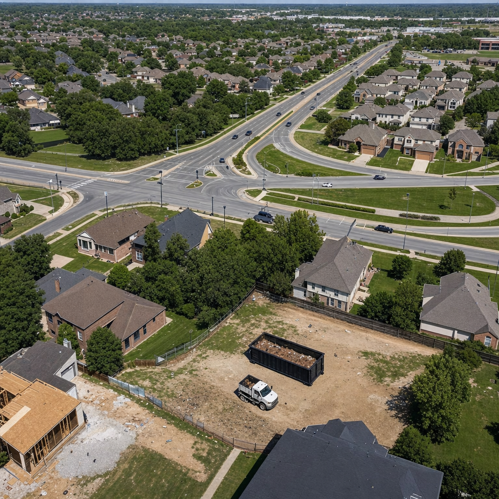 An overhead documentary view of the Plano metro area at midday, showing the spread of neighborhoods, arterial roads, and the dispatch radius from a central yard — clean daylight, organized geographic layout.