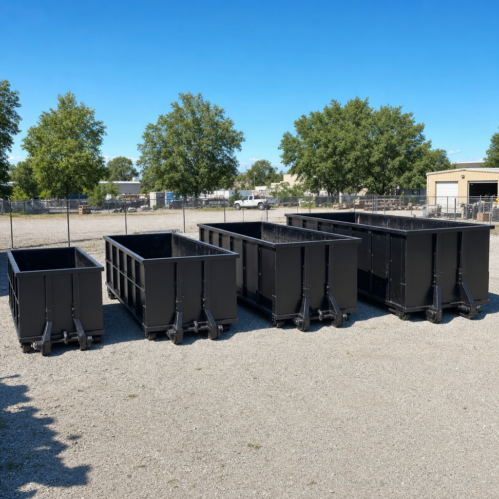 A clean lineup of matte-black roll-off dumpsters in 10, 20, 30, and 40-yard sizes staged on a sunlit gravel yard in Plano, showing the size progression from compact to commercial-scale containers.