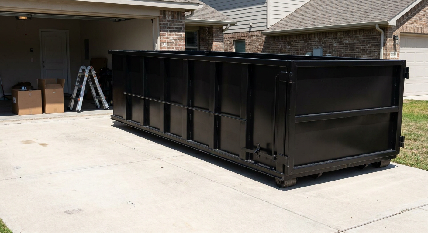 A matte-black 10-yard roll-off dumpster sitting directly on a residential Plano concrete driveway, mid-day sunlight, clean and ready for a garage cleanout.