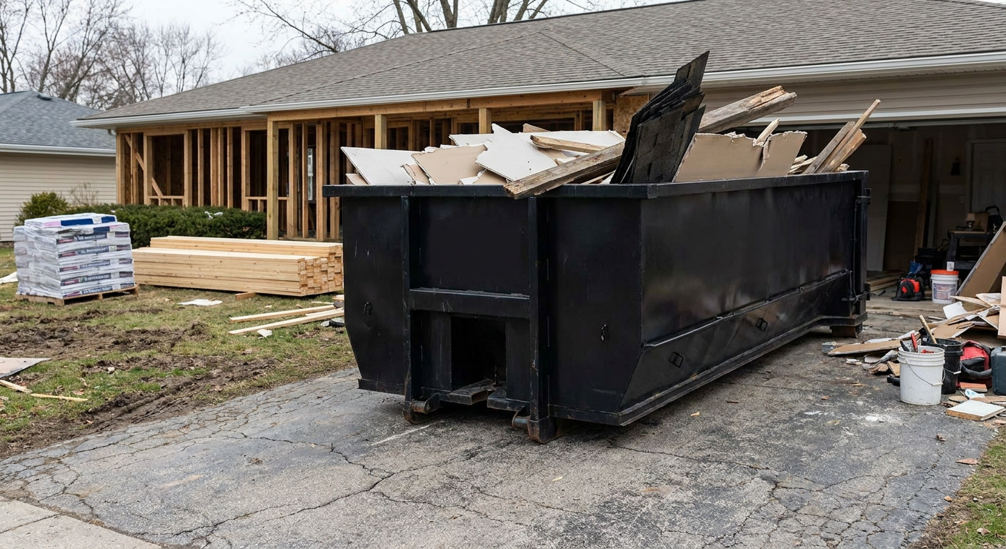 A matte-black 20-yard roll-off dumpster placed alongside a mid-renovation Plano home directly on the asphalt driveway, with framing materials and torn-off shingles staged neatly nearby.