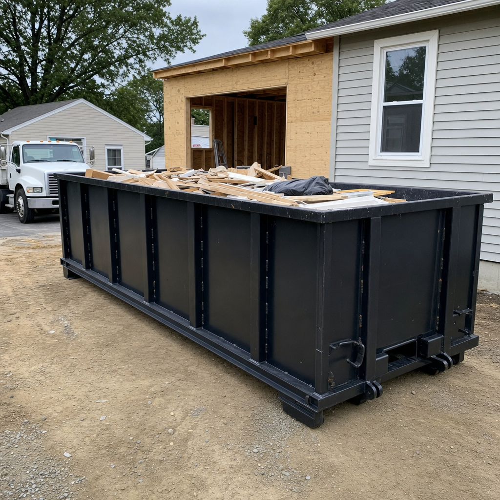 A matte-black 30-yard roll-off dumpster positioned at a Plano residential addition jobsite, with framing lumber and drywall scraps loaded through the open swinging rear doors.