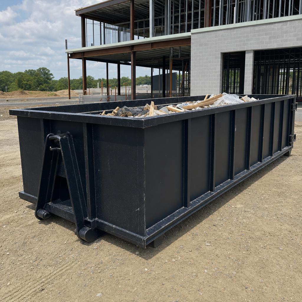 A matte-black 40-yard roll-off dumpster staged on a large Plano commercial construction lot, with a hooklift delivery truck parked alongside under bright midday sky.