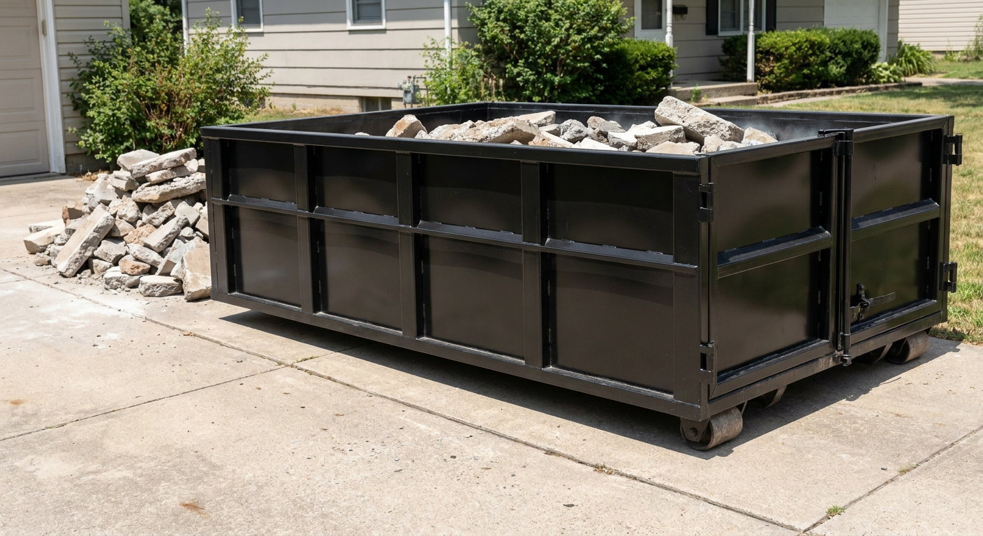 A matte-black low-side heavy-debris roll-off dumpster placed directly on a Plano concrete driveway, with broken concrete chunks neatly stacked beside it under clean daylight.